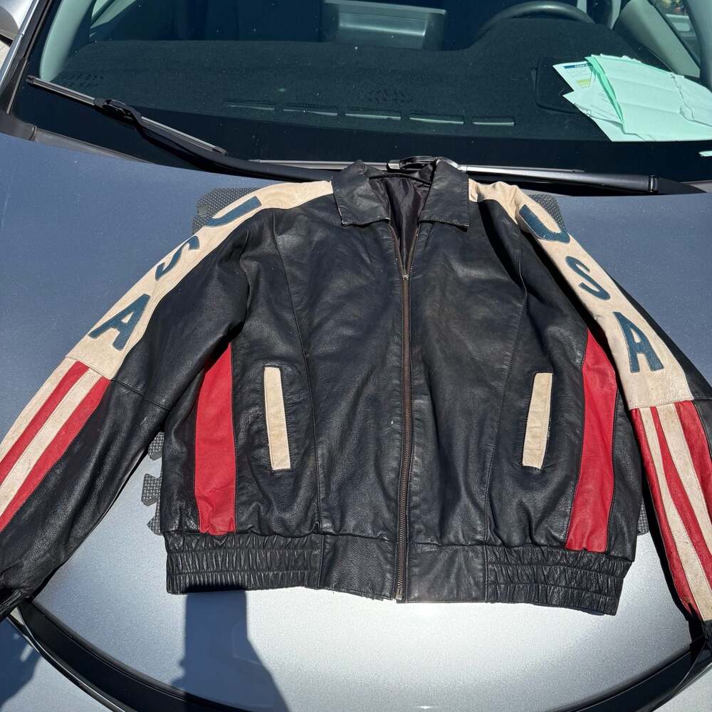 Vintage 1980s American Hide Leather USA Flag Bomber Jacket